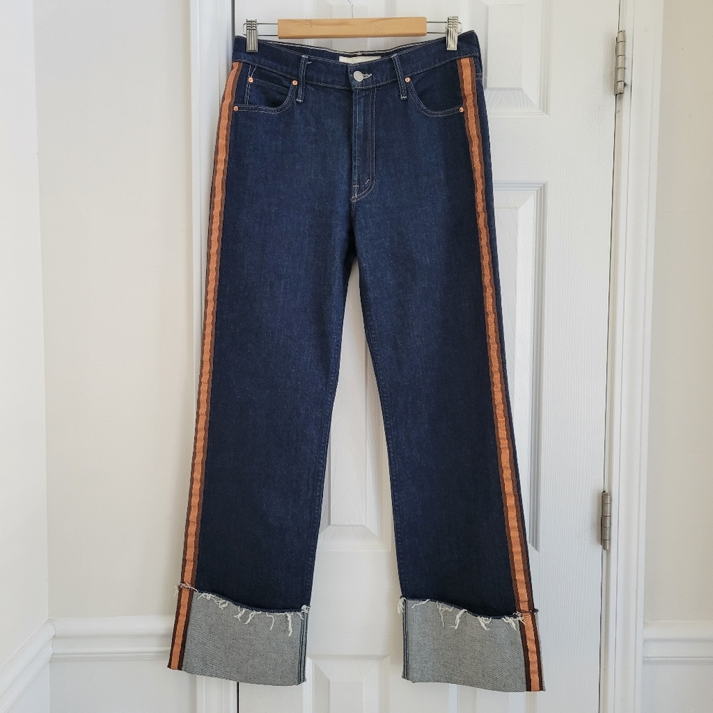 Mother The Duster Cuff Fray Jeans in All Cleaned Up Racer Side Stripe‎ Straight